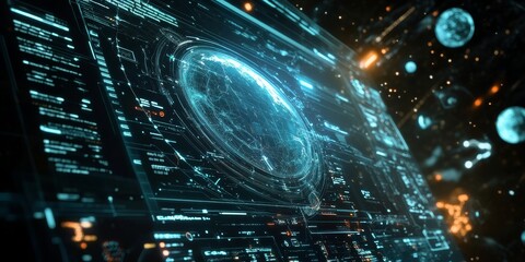 Futuristic space exploration software interface, featuring holographic overlays, orbit simulations, and live data streams