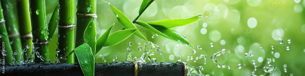 Poster lush bamboo stalks with water droplets splashing, creating a natural and refreshing image.