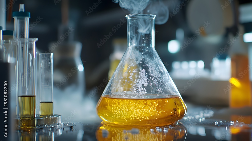 Poster 57. a close-up of toxic substances being mixed in a laboratory flask with dangerous fumes