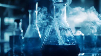 57. A close-up of toxic substances being mixed in a laboratory flask with dangerous fumes