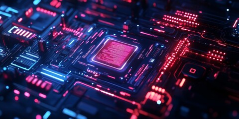 Fototapeta premium Close-up of an AI interface with neon-lit holograms, intricate circuit patterns, and a dark, futuristic backdrop