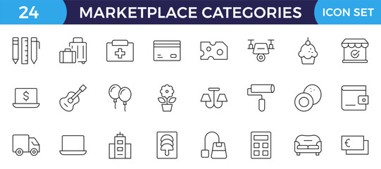 Marketplace Categories outline Icons set. Vector illustration in modern thin line style of e-commerce related icons: household goods, electronics and household appliances, clothing, and more.