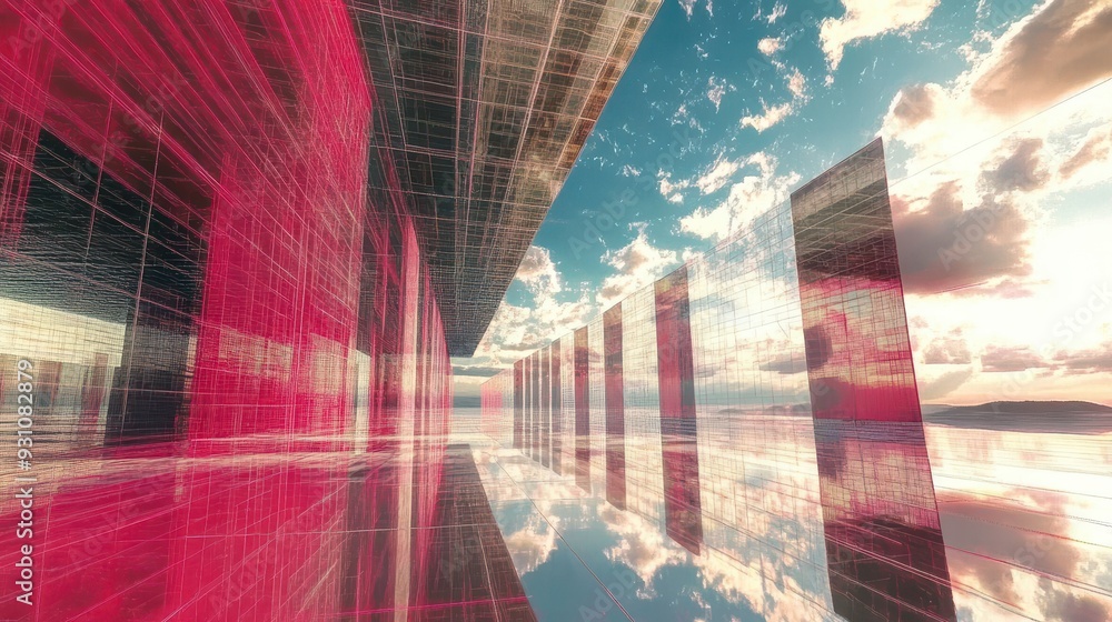 Poster abstract pink and black grid pattern with sky reflection