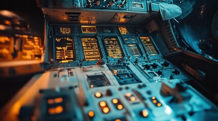 Naklejka premium Close-up of control panels inside a spacecraft, emphasizing the complexity and precision of aerospace engineering.