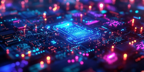 Obraz premium Close-up of an AI interface with neon-lit holograms, intricate circuit patterns, and a dark, futuristic backdrop