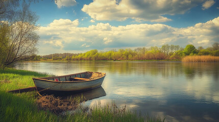 Fototapeta premium A boat surrounded by lush greenery and reflecting water.