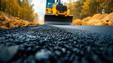 Construction crew laying down asphalt for a new road, with heavy machinery in action. Focus on infrastructure development.