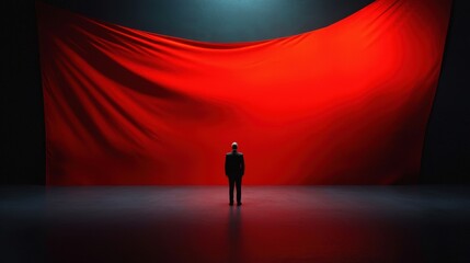 A dictator standing in front of a large flag representing nationalistic control