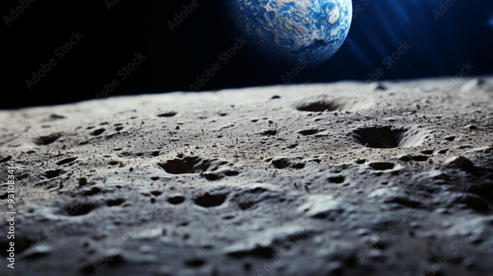 Wall mural cratered moon surface with distant view of earth set against the black backdrop of space