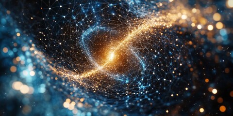 Close-up of a galaxy's core, where luminous stars and dark matter are encased in a digital web of energy grids and holographic projections