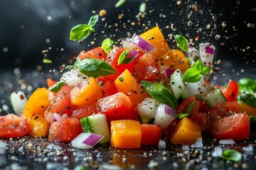 Colorful vegetable stirfry tumbling in the air iso  181 food, salad, vegetable, healthy, fresh, vegetables, pepper, green, meal, diet, carrot, mix, corn, cooking, red, vegetarian, white, dinner, onion