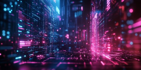 Obraz premium A futuristic AI system in a cyberpunk setting, featuring glowing neural networks, advanced data processing, and a vibrant, high-tech aesthetic