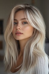 Fototapeta premium Elegant woman with platinum blonde hair in soft light