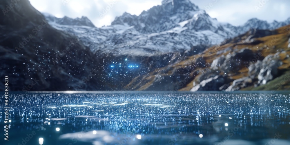 Poster futuristic wearable tech in a mountain lake setting, projecting real-time holographic data on water 