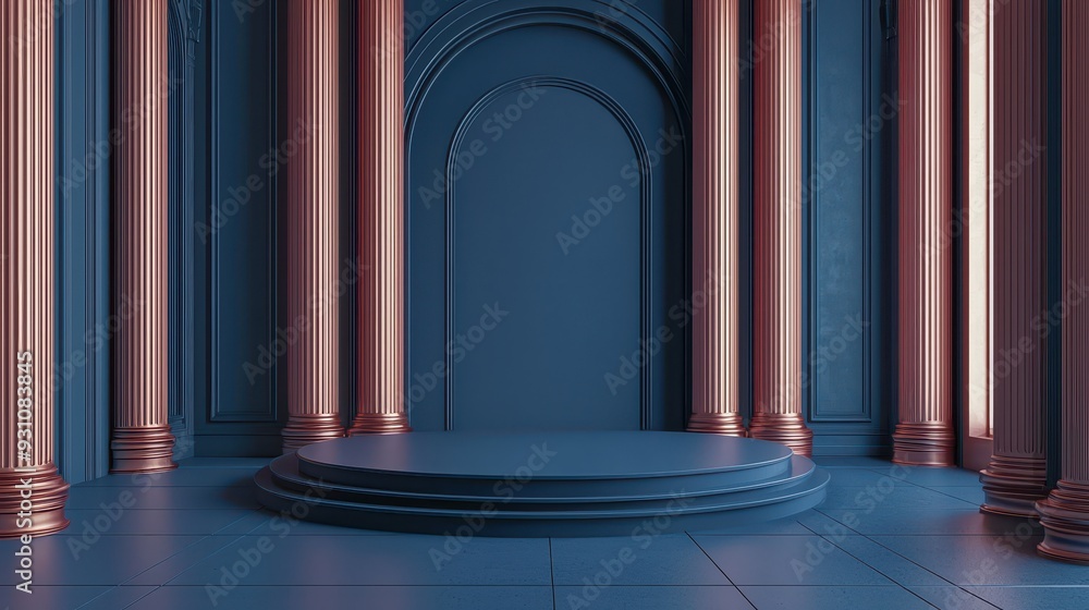 Poster blue and copper columns with round platform minimalist d render