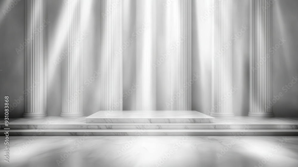 Poster marble platform with light rays and columns