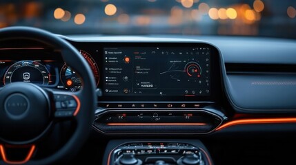 Digital dashboard of a modern car, highlighting connectivity and real-time information.