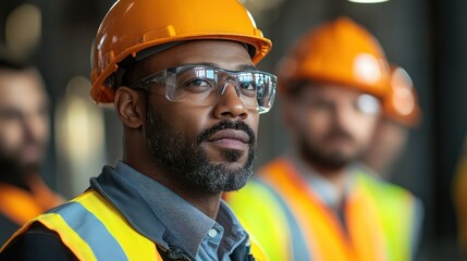 Diverse team of engineers and foremen discussing a project at a construction site, emphasizing collaboration and diversity.