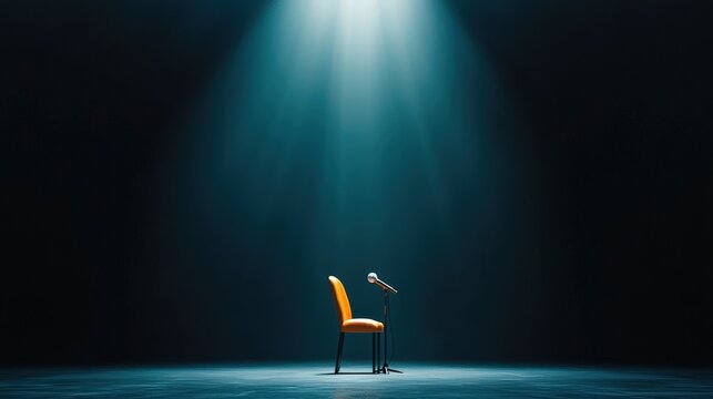 A dictator standing under a spotlight with a microphone in hand addressing the nation