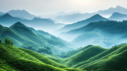 Misty Green Mountains Wallpaper. A serene landscape of green mountains covered in mist.