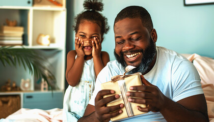 Obraz premium Father and daughter opening a gift together