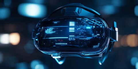 Close-up of a sleek VR headset with futuristic architectural design, featuring holographic displays, immersive environments, and cutting-edge technology