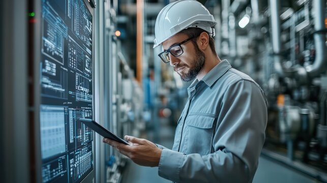 A Engineer using a tablet to monitor wind turbine performance in a control center, emphasizing technology in energy management.