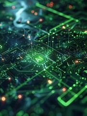 A computer chip with the letters AI on it. The chip is surrounded by a green ecology background. Concept of technology and innovation