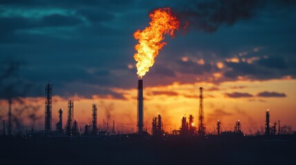 Obraz premium Gas flare burning at an oil field at dusk, with silhouettes of equipment in the background, emphasizing environmental impact.