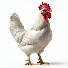 Fototapeta premium Portrait of a chicken full body standing front vie 517 chicken, hen, bird, animal, farm, white, isolated, poultry, rooster, agriculture, fowl, livestock, chick, feather, beak, farming, brown, red, do