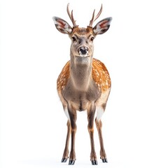 Fototapeta premium Portrait of a deer full body standing front view i 505 deer, animal, wildlife, mammal, nature, wild, brown, antelope, doe, fawn, buck, grass, cute, white, young, ears, park, isolated, portrait, head,