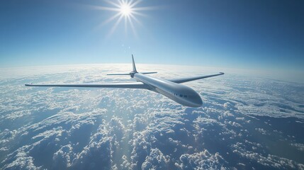 Obraz premium A white jet is flying through the sky with clouds in the background