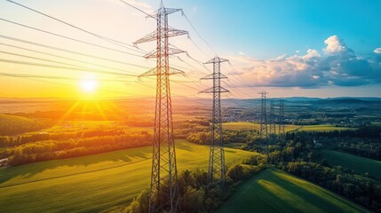 High-voltage transmission lines stretching across a rural landscape, representing the distribution of electrical energy.