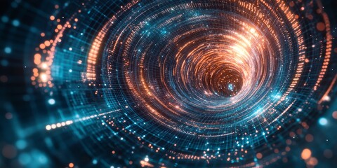 Obraz premium A detailed view of a futuristic galaxy, with its spirals made of light particles and neon grids, showcasing the blend of the universe and tech