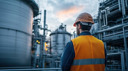 Fototapeta premium Industrial worker inspecting large storage tanks at a chemical plant, focusing on quality control in production.