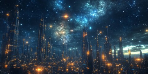 Close-up of a highly advanced city, with futuristic infrastructure, energy grids, and dynamic urban spaces, all glowing under a starry sky