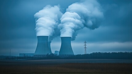 Nuclear power plant with cooling towers emitting steam, representing the production of nuclear energy.