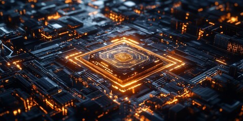 Obraz premium Close-up of an AI core surrounded by glowing circuits, holographic displays, and a sleek, cyberpunk-inspired environment