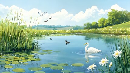 Calm Wetland Illustration Featuring a Family of Ducks and a Standing Heron