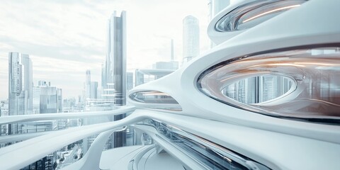 Fototapeta premium Close-up of a conceptual architectural design with robotic elements, featuring sleek AI integration and a futuristic urban setting