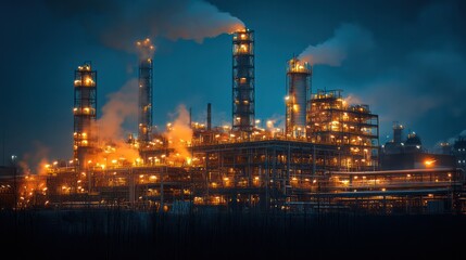 Oil refinery at night, with lights illuminating the complex network of pipes and towers, highlighting industrial energy production.