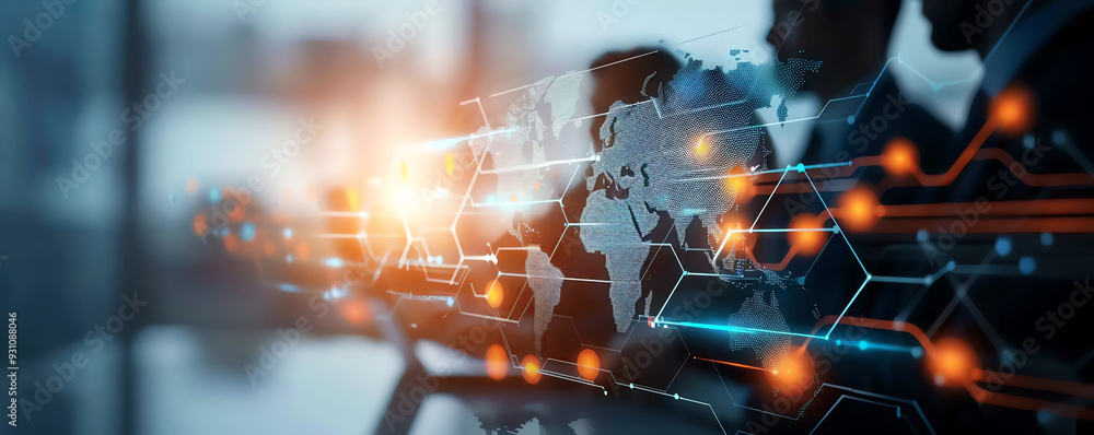 Poster a modern digital interface showcasing global connectivity and technology integration in a business e