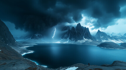 Fototapeta premium A dramatic stormy mountain landscape featuring lightning over a tranquil lake, ideal for adventure travel promotions and nature-inspired artwork.