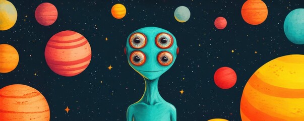Naklejka premium A quirky alien character with multiple eyes, floating in space among vibrant planets and stars, Sci-fi, Bright colors, Digital painting