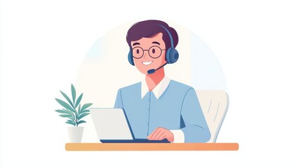 A cheerful call center agent with headset working on a laptop in a modern office setting, surrounded by a plant for a fresh vibe.