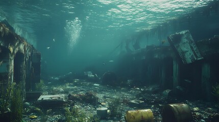 49. An underwater image showing a toxic waste dump affecting marine ecosystems