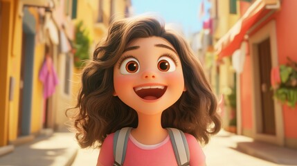 Fototapeta premium A cheerful girl with curly hair smiles in a vibrant street, radiating joy and curiosity in a picturesque setting.