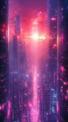 Futuristic Cityscape with Neon Lights at Sunset