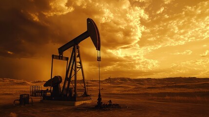 A large oil rig is in the desert with a storm in the background