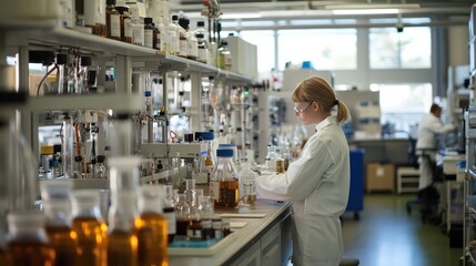 Obraz premium Research lab filled with modern equipment and scientists working on chemical experiments, representing innovation.